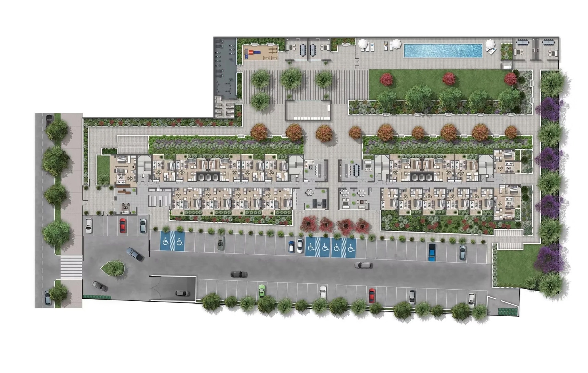 Planta de emplazamiento de Altanova con torres, jardines, piscina y estacionamientos