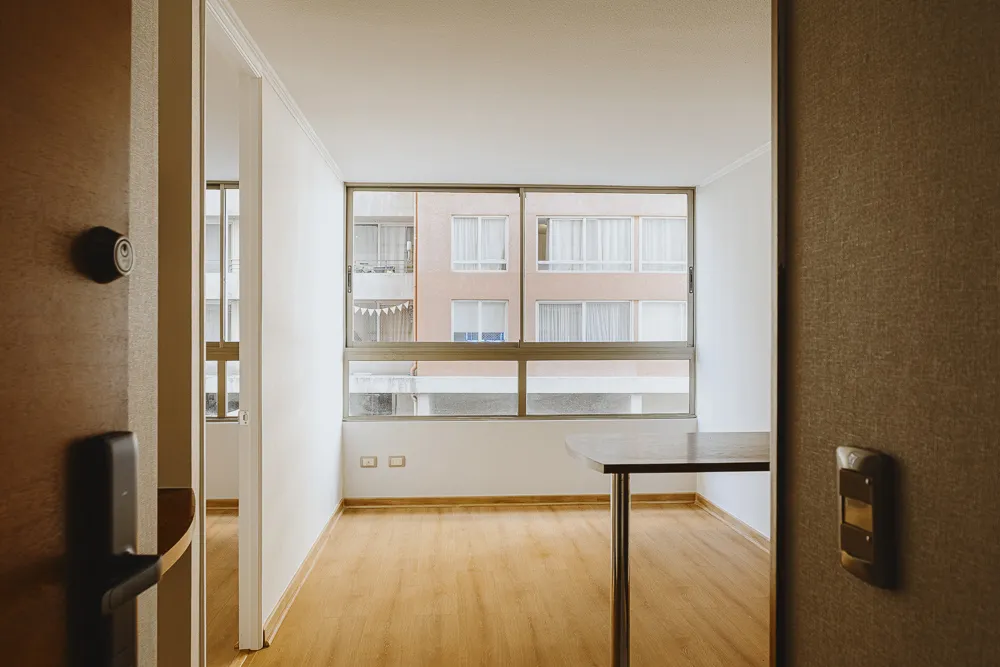 Entrada y living con ventanal, departamento Carmen 616