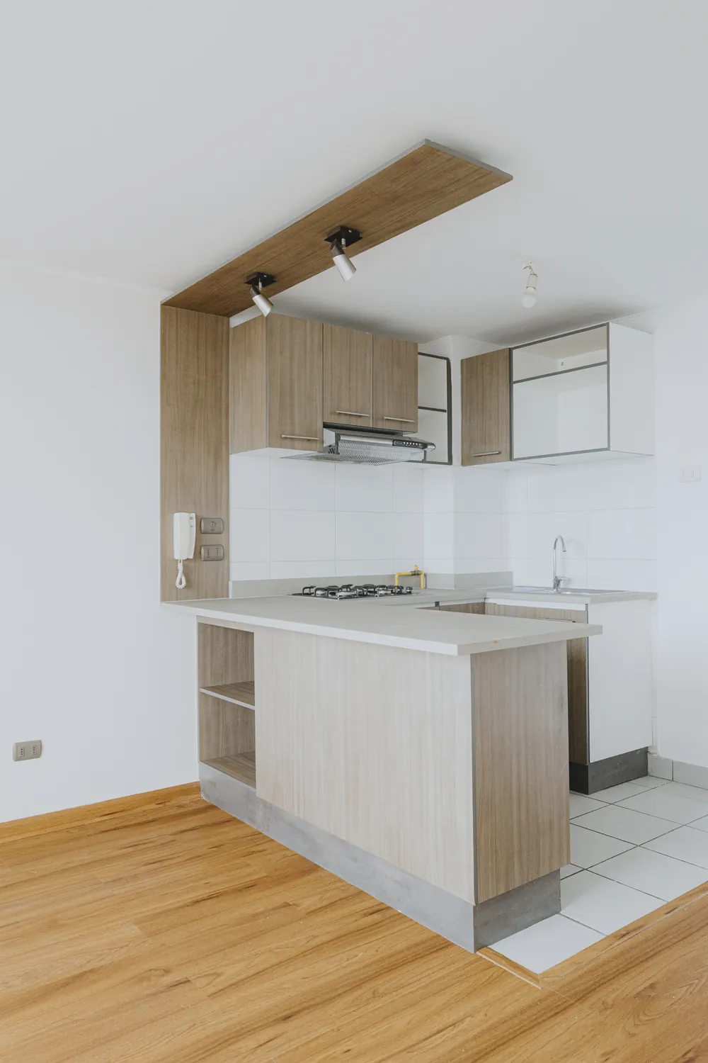 Cocina y barra desde el pasillo, departamento Vicuña Mackenna 2585